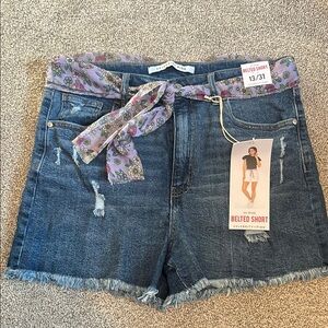 Celebrity Pink Women's Blue Denim Shorts with Floral Belt